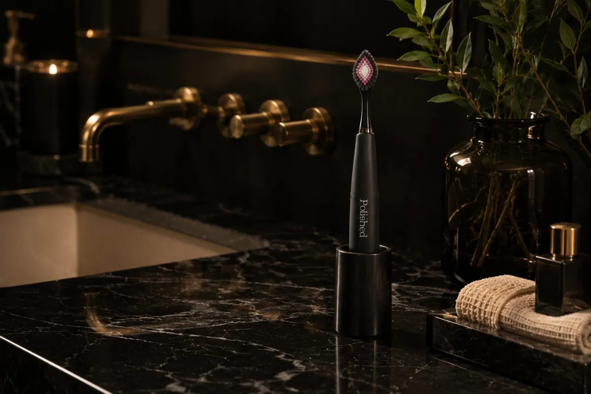 📸 A Polished toothbrush lying flat on a dark slate or marble surface — extreme close-up of the diamond brush head and polisher disc, dramatic side lighting to show texture and detail