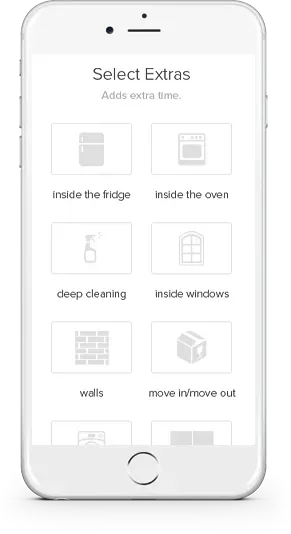 Mobile phone displaying the Select Extras step of the online booking process for Maryland Spotless Maid Service, showing add-on options like deep cleaning, inside the fridge, and move-in/out cleaning.