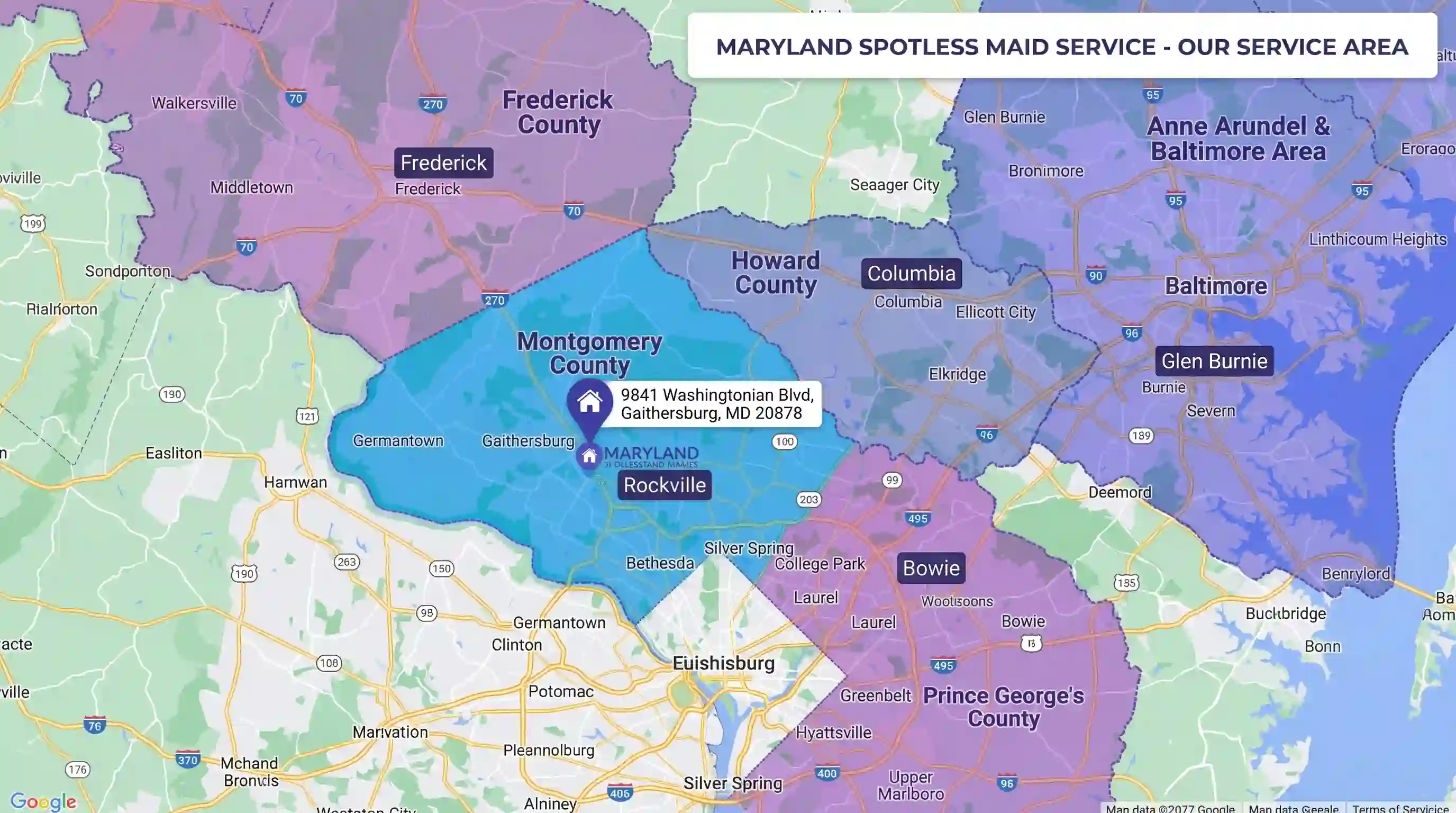Service area map for Maryland Spotless Maid Service across Central Maryland and the Baltimore-DC corridor, headquartered in Gaithersburg, MD