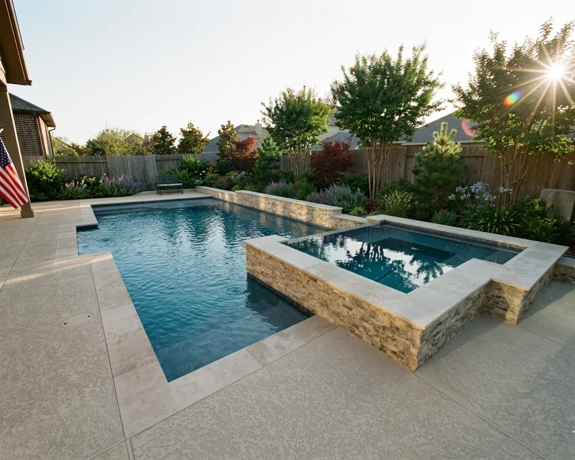 Custom gunite pool with waterfall and spa built by Backyard Pool Specialists in Cypress, TX