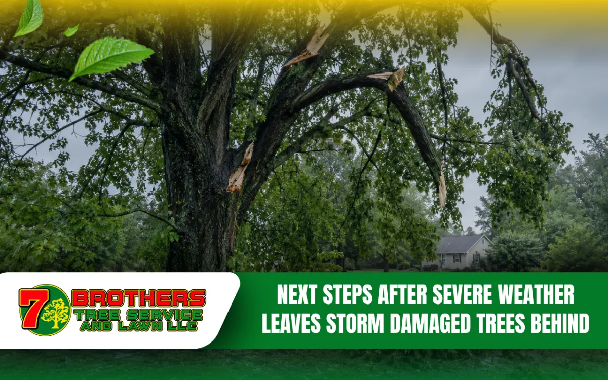 Storm-damaged tree with broken branches after severe weather