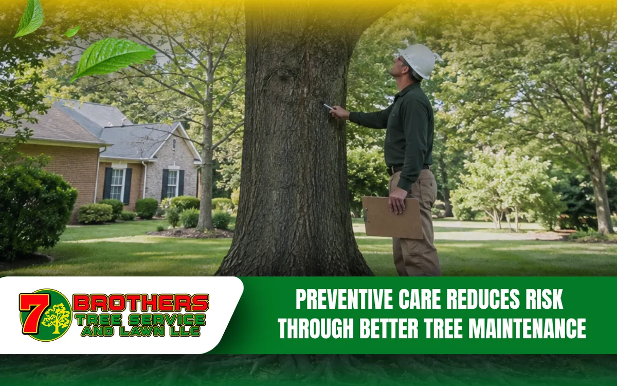 Tree maintenance inspection focused on canopy, trunk, and root conditions