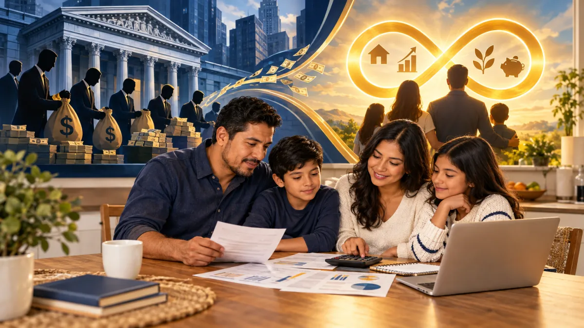 Familia latina revisando sus finanzas y tomando control de su dinero con el sistema bancario personal