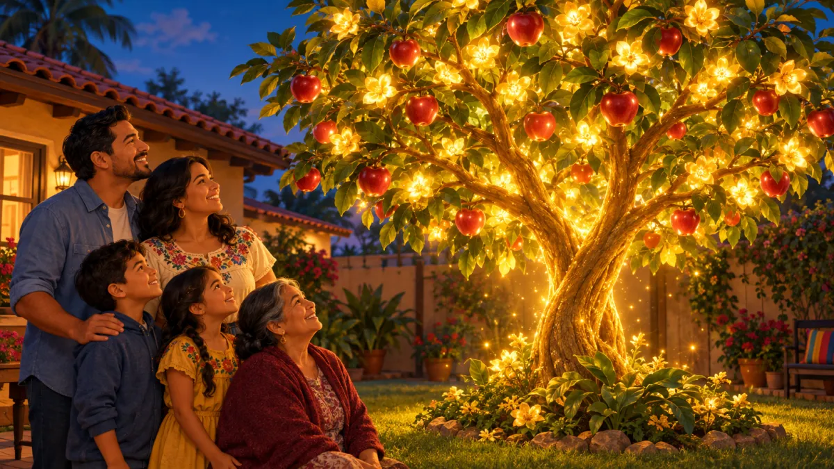 Árbol mágico con manzanas y flores doradas que simboliza el crecimiento garantizado y los dividendos de una póliza participativa