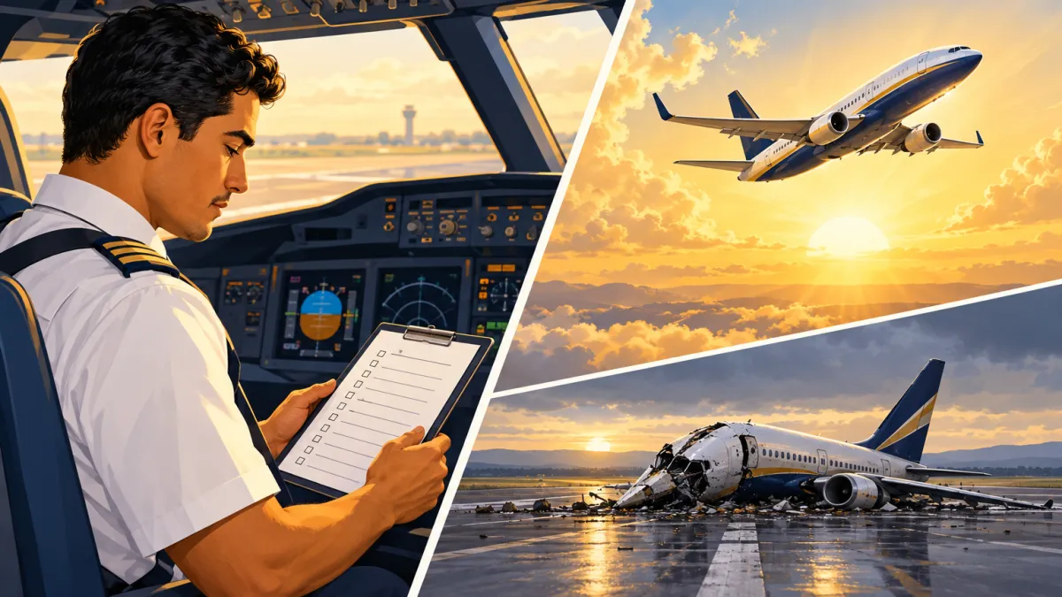 Piloto latino revisando lista de verificación antes de volar, con un avión estrellado por saltarse los pasos y otro volando alto con éxito
