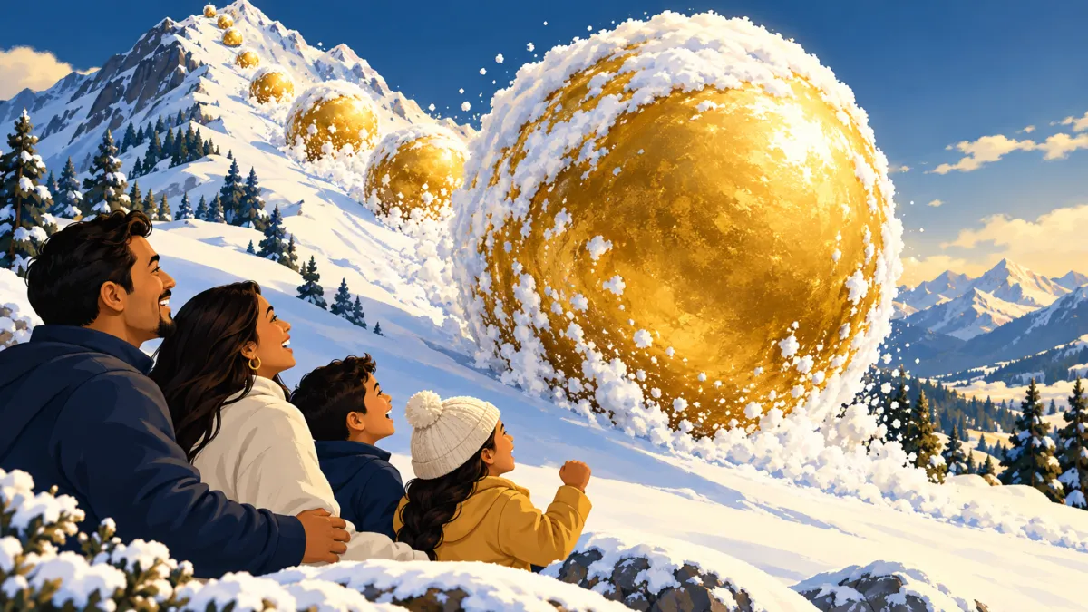Bola de nieve dorada creciendo montáña abajo simbolizando el interés compuesto acelerando la riqueza de una familia latina