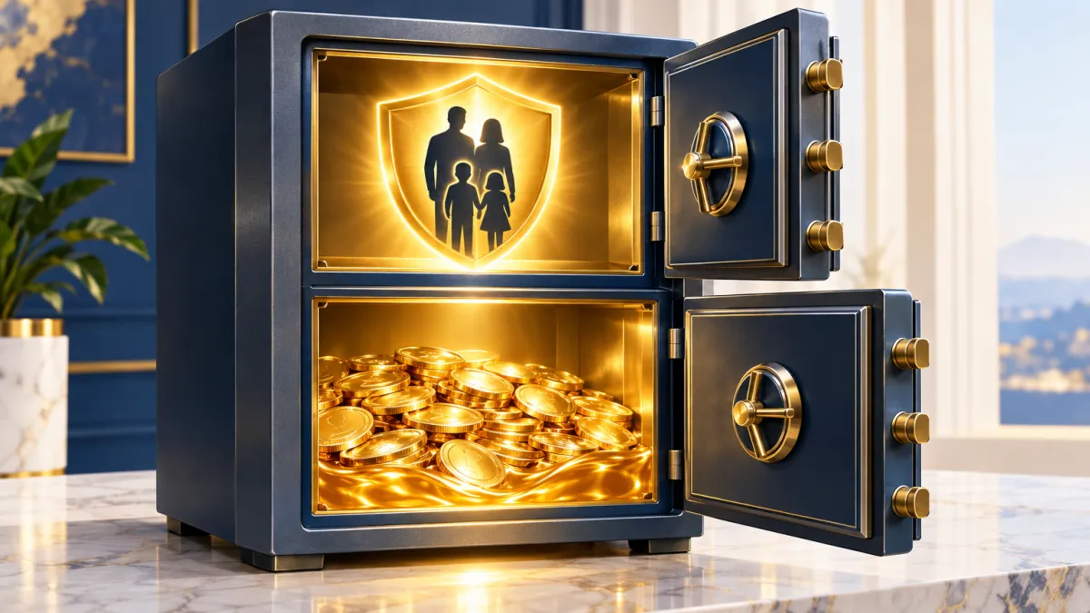 Caja fuerte elegante con dos compartimentos: uno con monedas de oro líquidas accesibles hoy y otro con un escudo dorado protegiendo el futuro de la familia