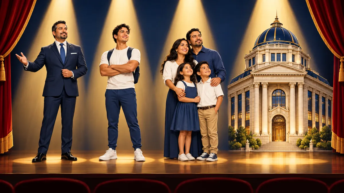 Cuatro actores en un escenario teatral representando los roles del dueño, asegurado, beneficiario y aseguradora dentro del Sistema Bancario Personal