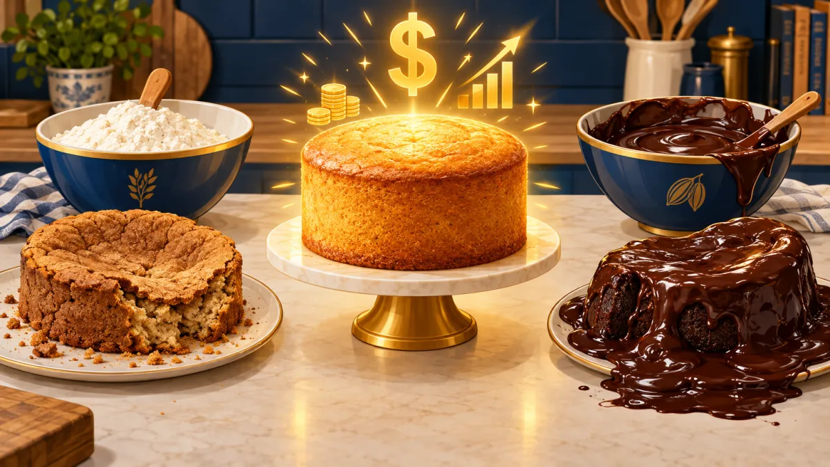 Cocina con dos tazones de harina y chocolate representándo la Prima Base y las PUA, con un pastel dorado perfecto al centro y dos versiones fallidas en los extremos