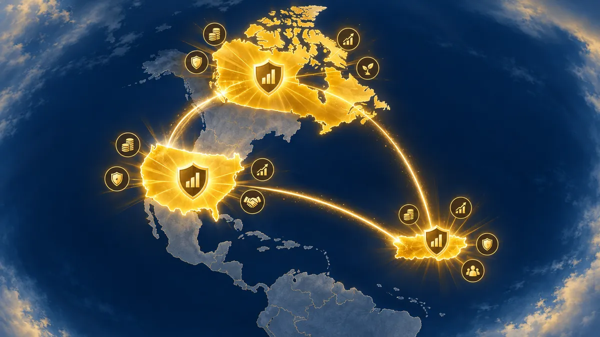 Mapa de Norte América con Estados Unidos, Canadá y Puerto Rico iluminados en dorado representando los países donde aplica el Sistema Bancario Personal