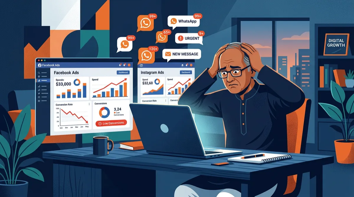 Indian business owner frustrated with Facebook and Instagram ads not converting — WhatsApp lead automation fix