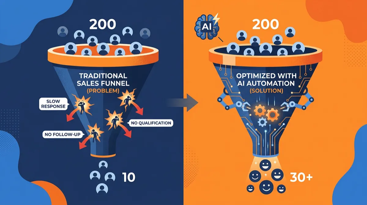 Sales funnel showing 200 leads entering with only 10 converting due to system gaps fixed by RevMax AI automation