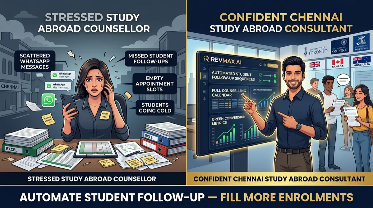 Study abroad consultant student follow-up automation Chennai Tamil Nadu RevMax AI