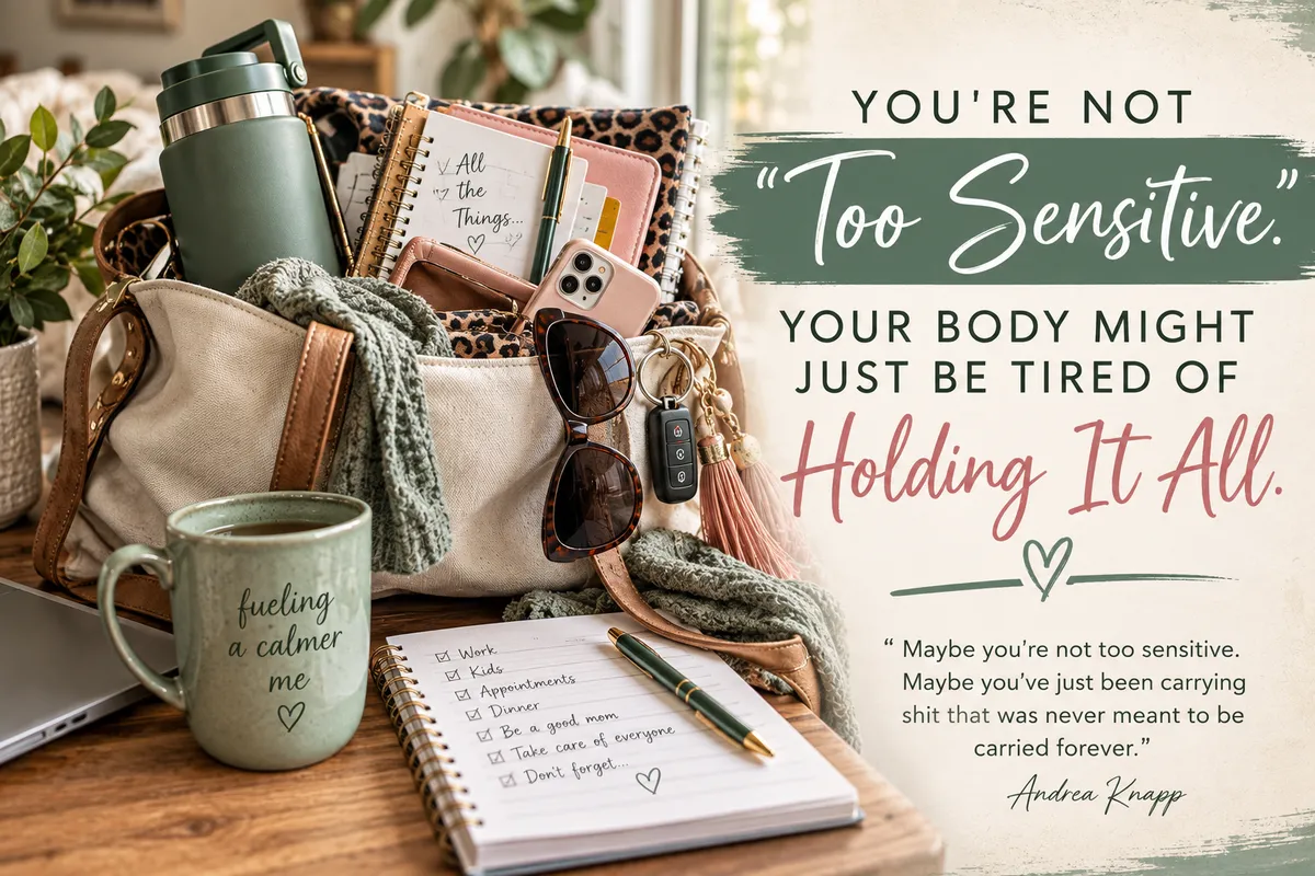 Journal, coffee and calming lifestyle elements representing emotional overwhelm, self-awareness and healing.