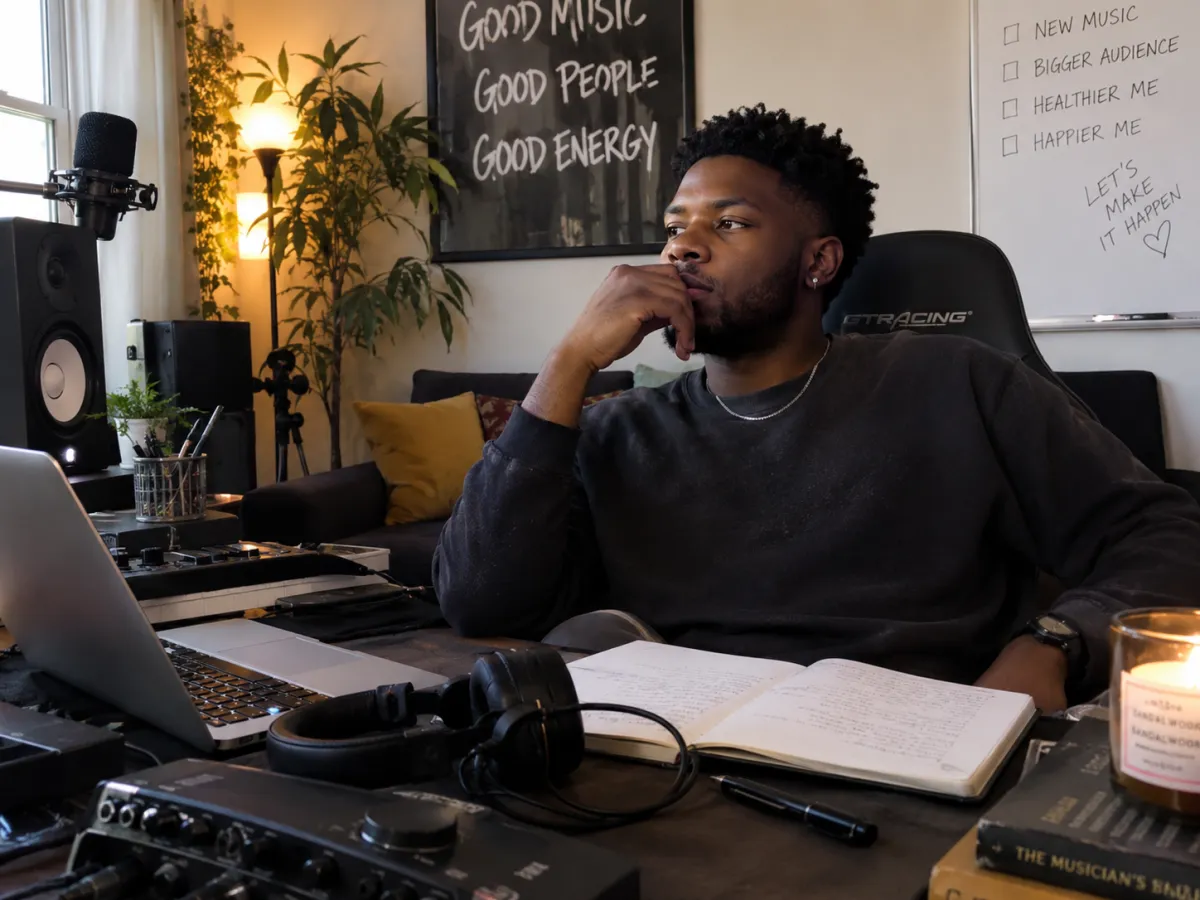Creator writing lyrics and notes in a warm studio setting