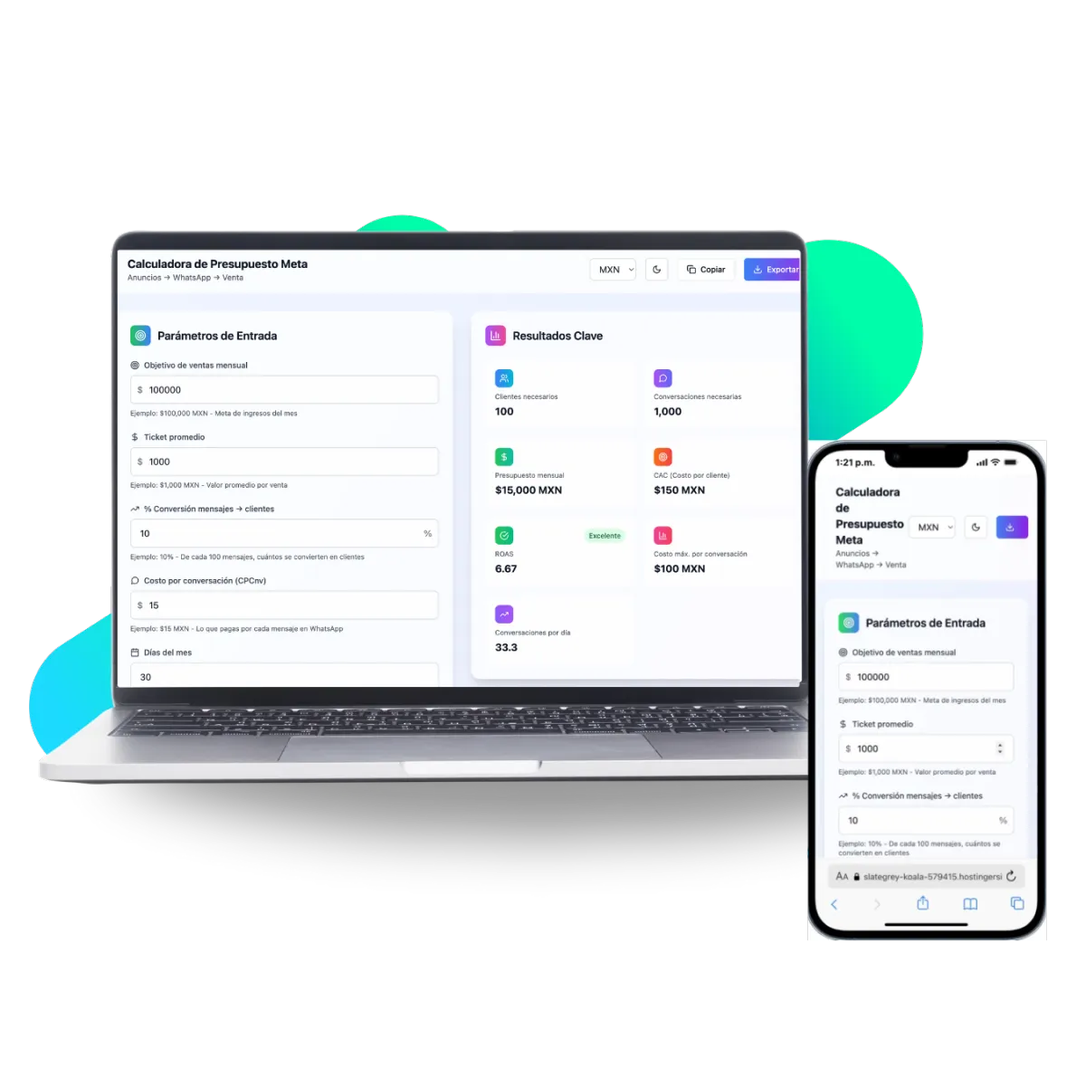 Aplicación para calcular el presupuesto de Facebook e Instagram Ads según objetivos de ventas, mostrando proyección de inversión publicitaria en Meta Ads desde computadora y móvil.