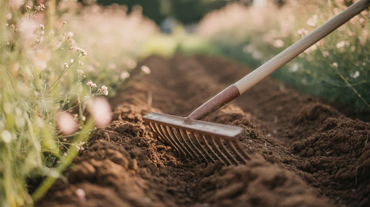 A soft, feminine farmhouse-style garden scene with freshly prepared rich dark soil, a rustic wooden rake resting in the soil, gentle sunlight glowing over the garden, cozy homestead aesthetic, light blush pink tones blended with natural greens and warm neutrals, clean and airy composition, shallow depth of field, peaceful country garden vibe