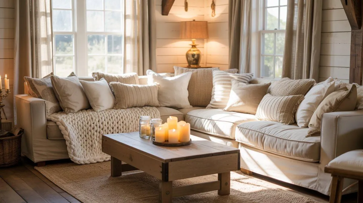 Cozy farmhouse living room with soft lighting, layered blankets, neutral decor, and warm inviting atmosphere