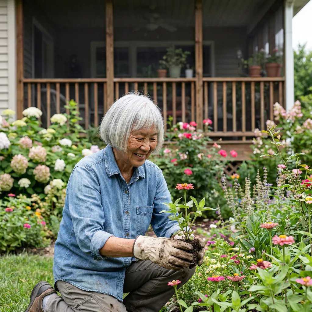 Asian senior woman planting in her garden