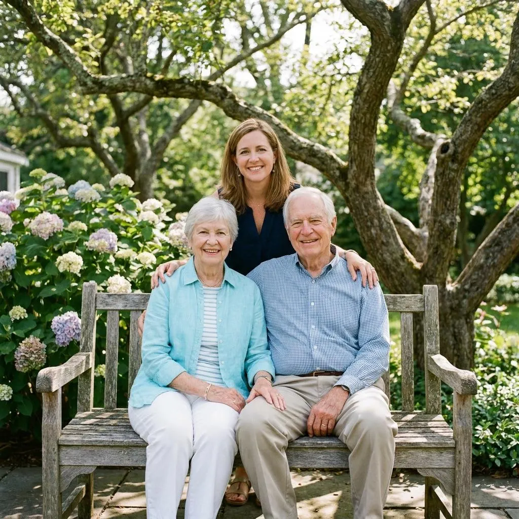 adult woman standing behind her parents as they sit on a park bench
