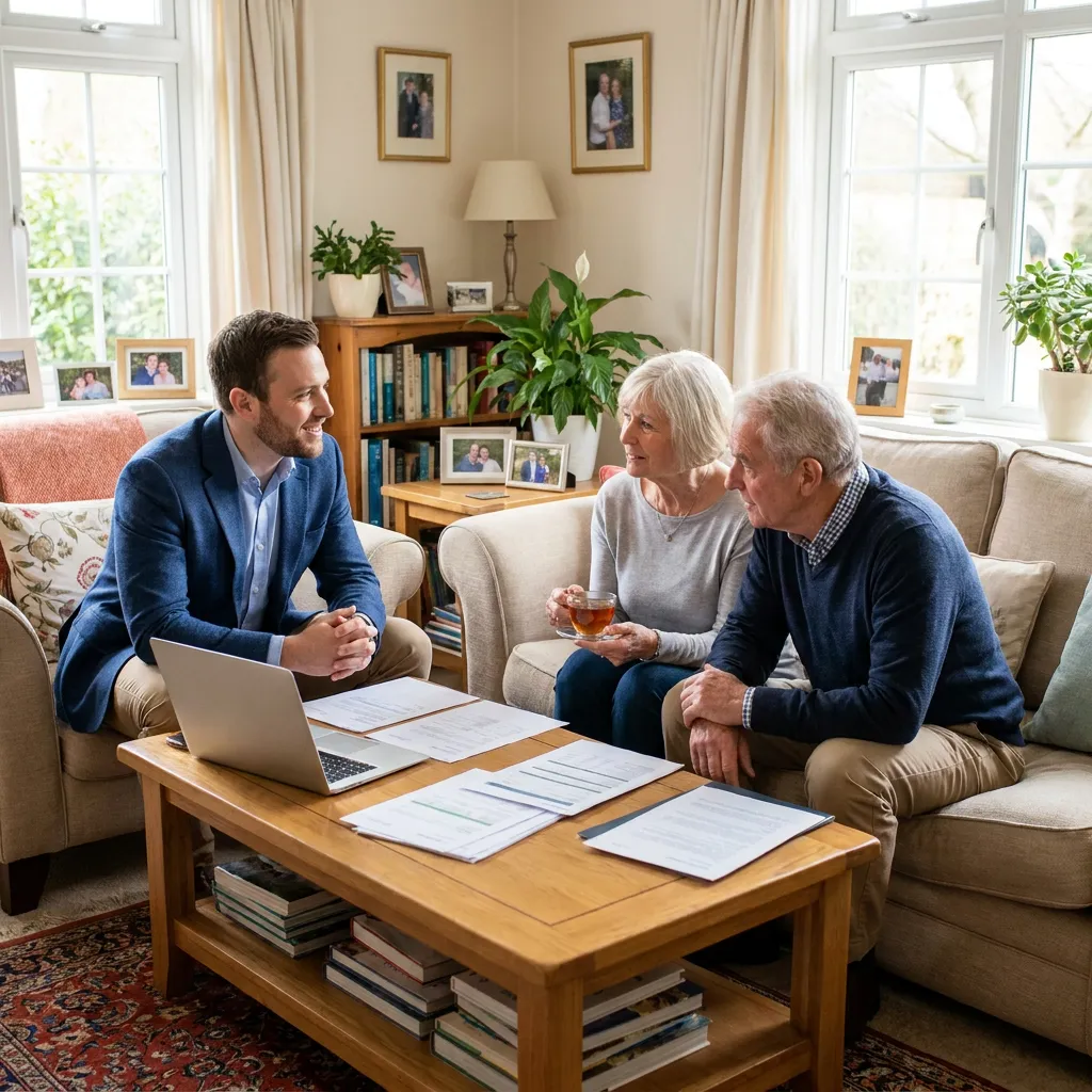 senior couple sitting in the living room with a financial advisor and paperwork