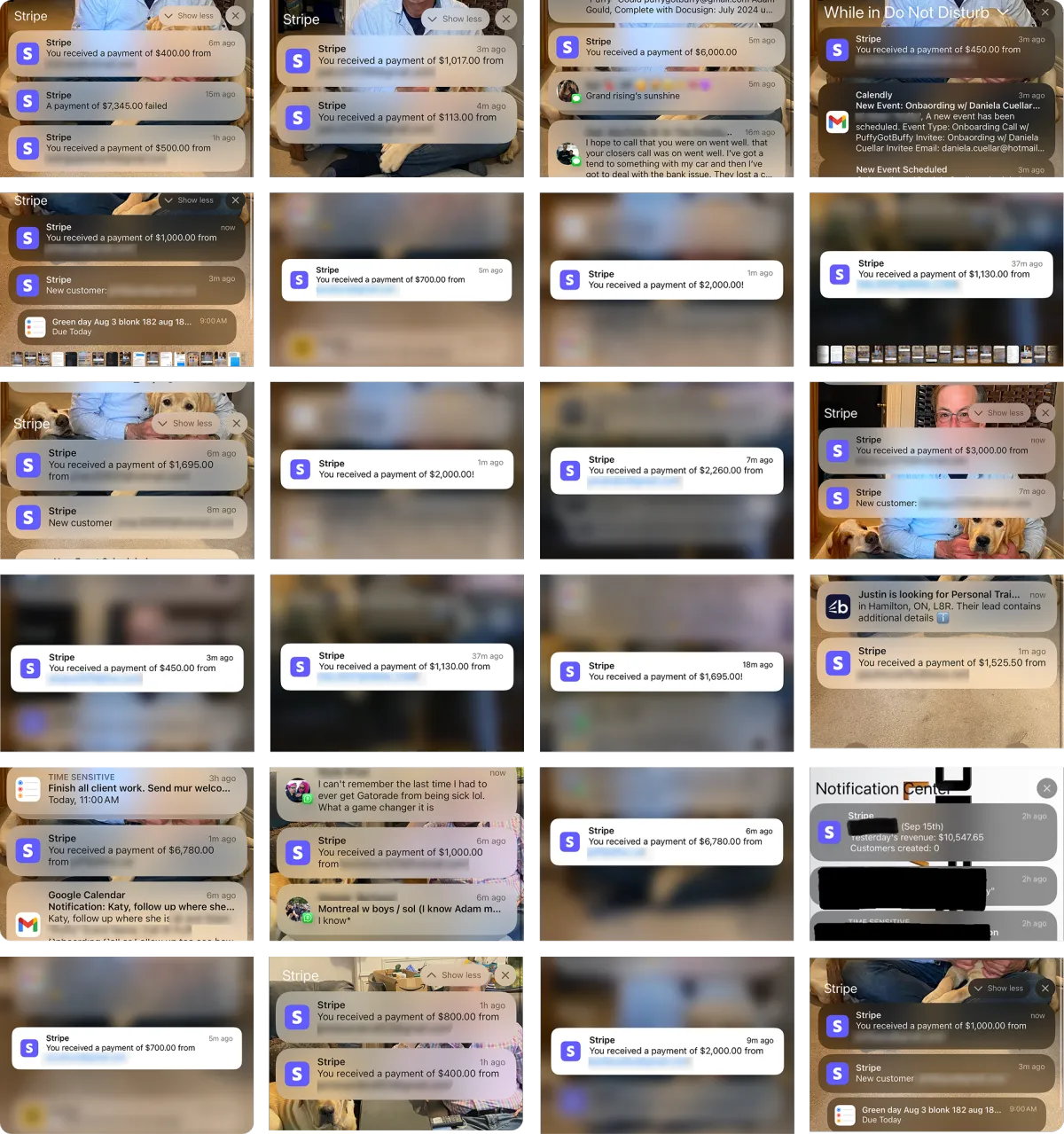 Grid of mobile notifications showing multiple Stripe payment confirmations, representing consistent online revenue, with Arent GSI Sysem