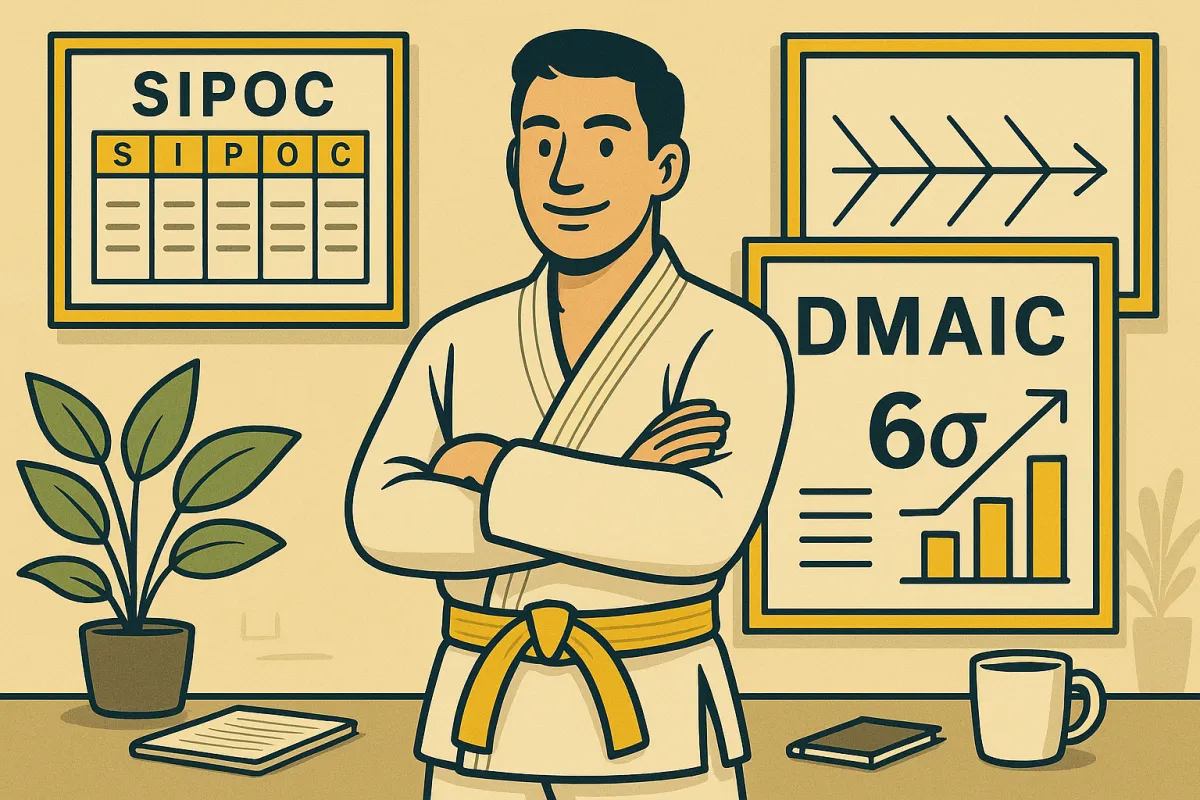 Illustration eines Six Sigma Yellow Belts vor SIPOC-Diagramm und DMAIC-Grafik – idealer Einstieg in Prozessverbesserung und Qualitätsmanagement