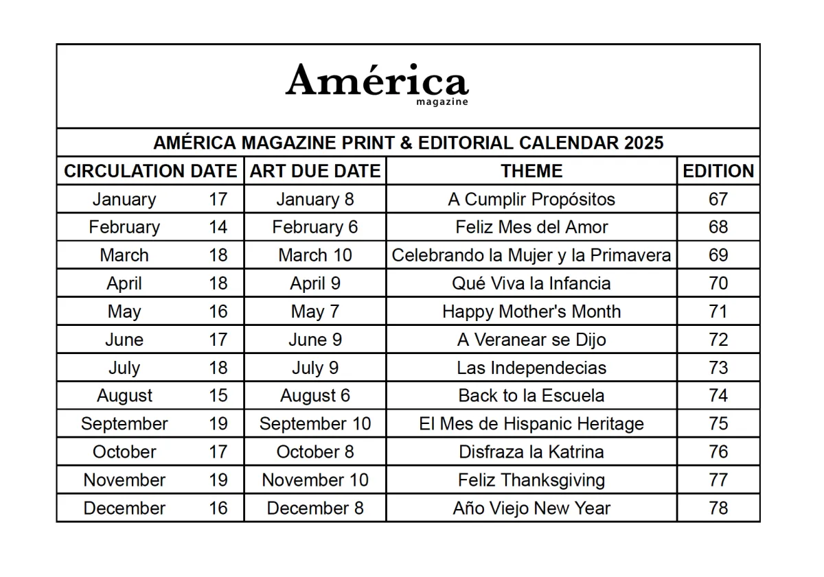 Publication Calendar 2025 América Magazine
