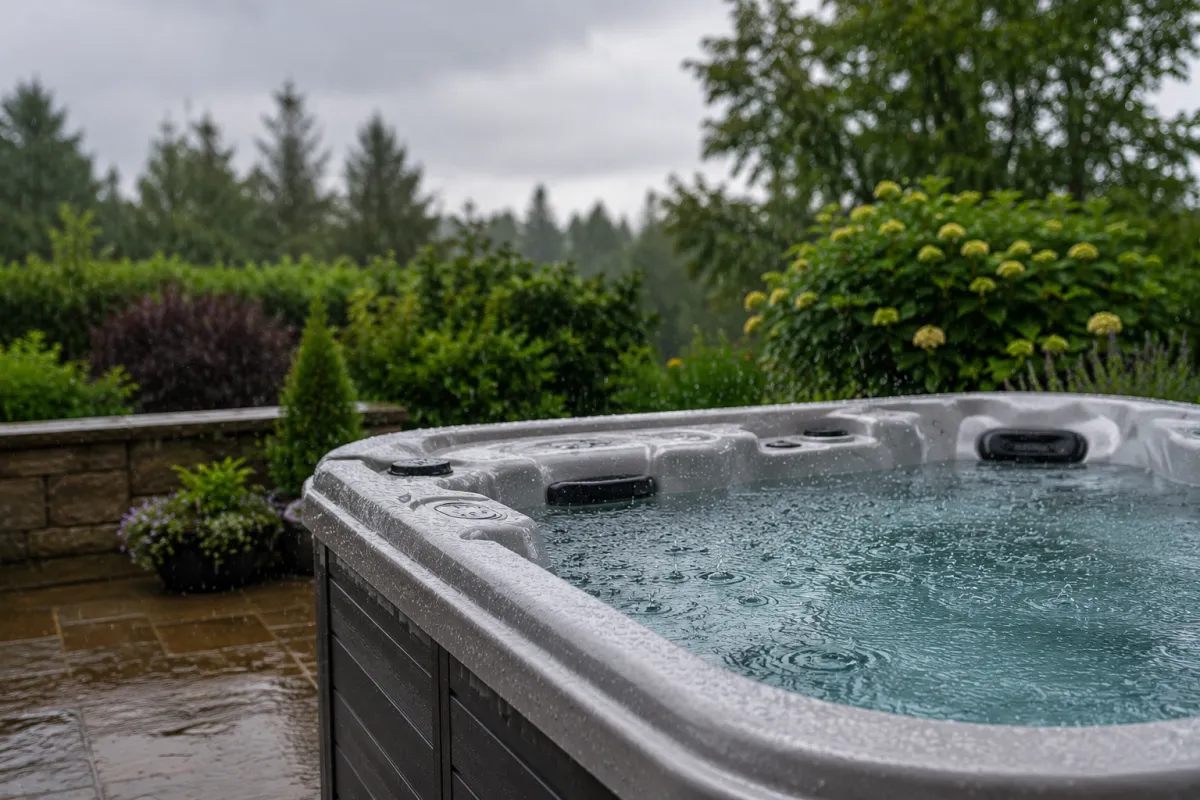Premium outdoor hot tub during a light rain with raindrops on the water and lush backyard landscaping.