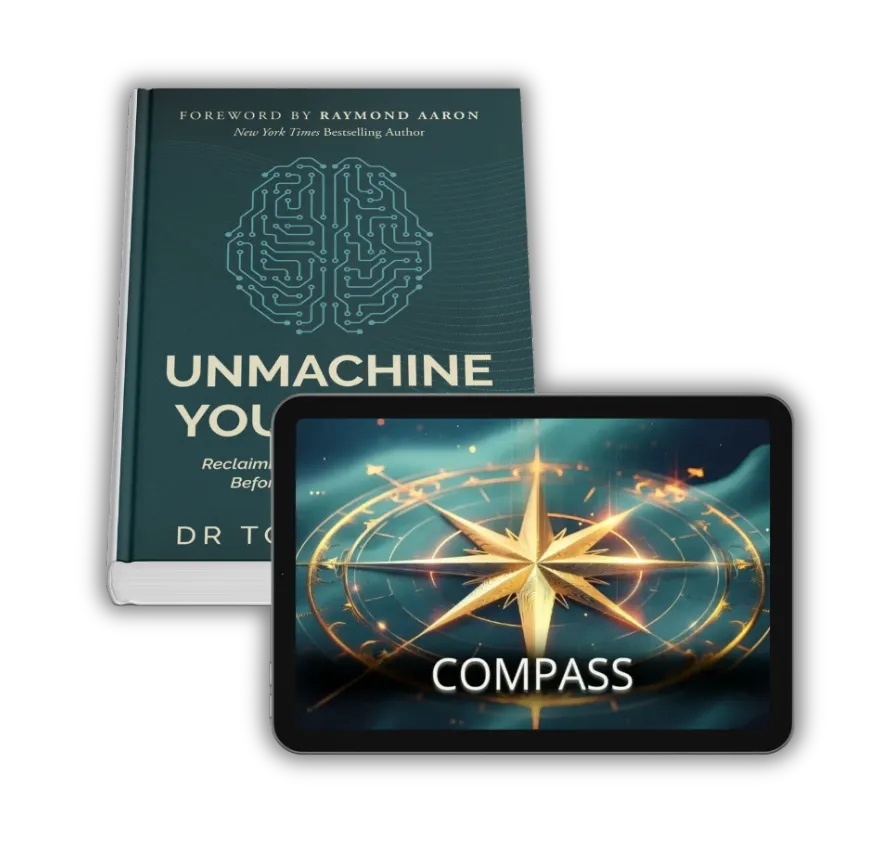 Unmachine Your Mind book by Dr Tom Barber alongside the Compass programme on iPad, introducing the Psychernetics system.