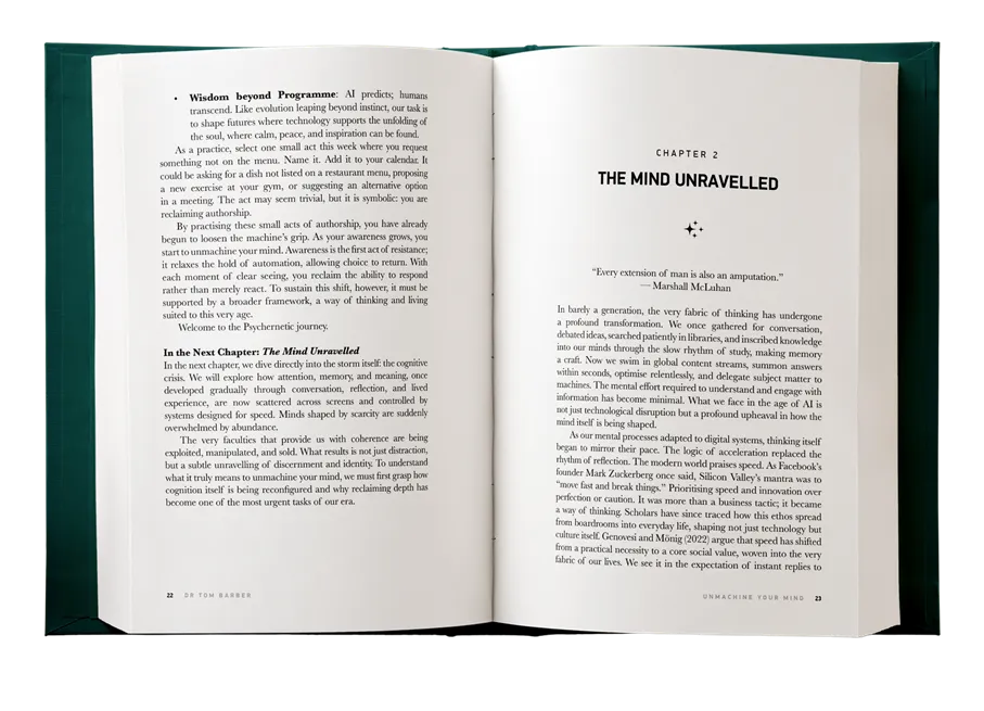 Interior pages of Unmachine Your Mind showing printed content from the Psychernetics book