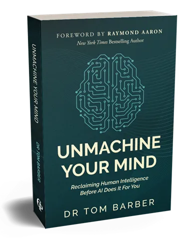 3D book image of Unmachine Your Mind by Dr Tom Barber, introducing Psychernetics and human intelligence in the age of AI