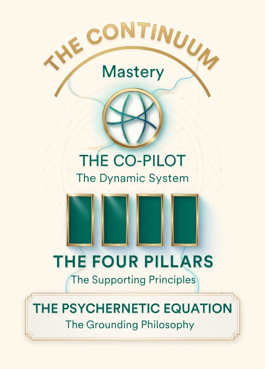 Psychernetics model diagram showing the Psychernetic Equation, Four Pillars and Co-Pilot framework for human intelligence in the age of AI