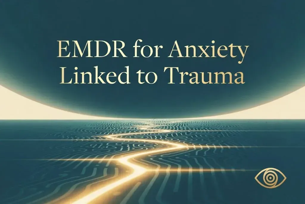 Abstract landscape of winding golden light paths through teal waves, symbolizing trauma resolution, with text "EMDR for Anxiety Linked to Trauma" and EMDR spiral eye icon