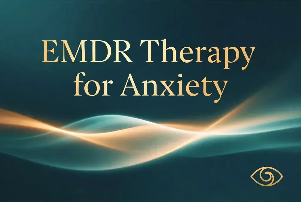 Calming abstract waves in teal and gold with glowing bilateral stimulation flows, featuring the text "EMDR Therapy for Anxiety" and EMDR eye symbol