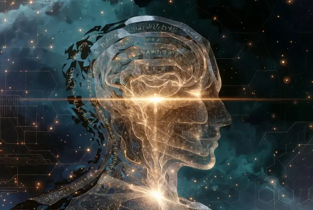 Abstract illustration of a human figure integrating complex patterns, representing deep understanding and human intelligence in the age of AI