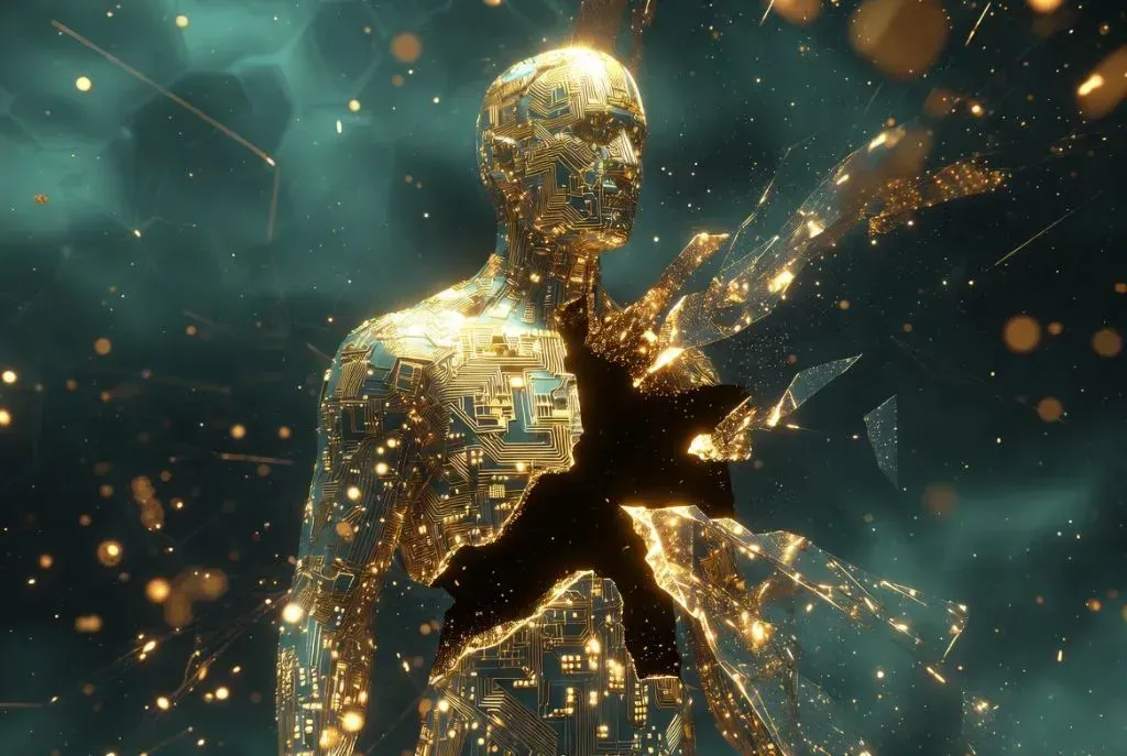 Crisis of being in the age of AI concept showing human identity and artificial intelligence tension