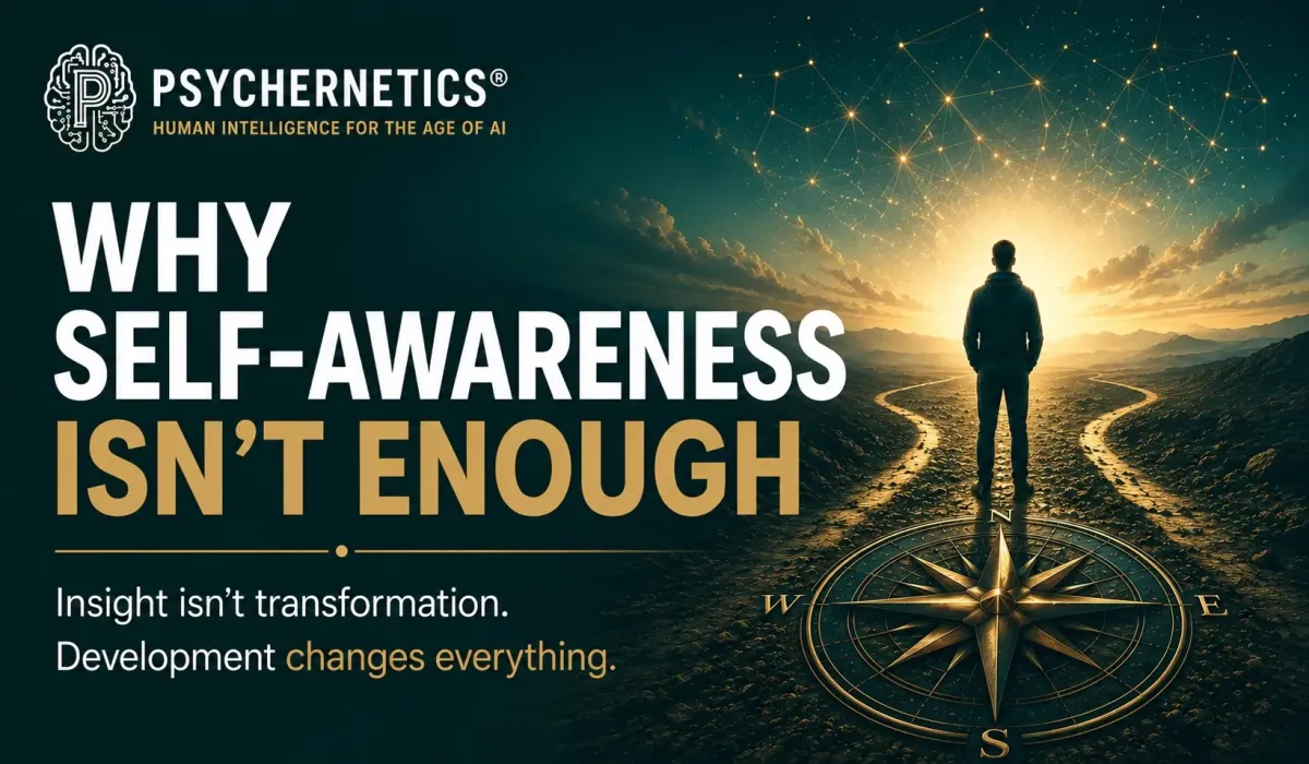 Editorial artwork for the Psychernetics article "Why Self-Awareness Isn't Enough", illustrating the journey from insight to psychological development through a lone figure standing at a symbolic crossroads beneath a compass.