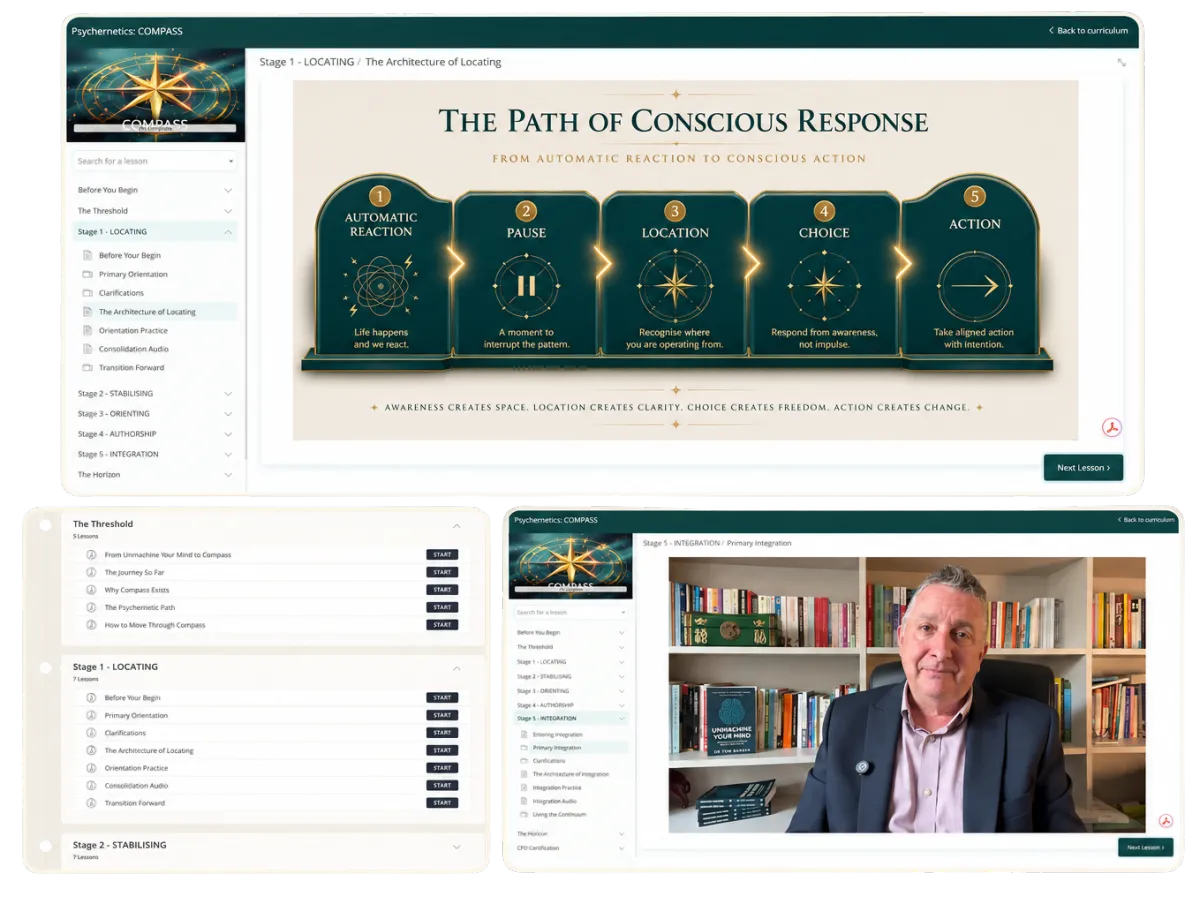 Screenshots from the Psychernetics Compass online course showing the interactive lesson dashboard, course curriculum, architectural learning diagrams and video teaching by Dr Tom Barber.