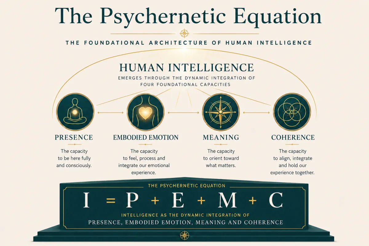 The Psychernetic Equation, the foundational model of Psychernetics, showing how human intelligence emerges through the integration of Presence, Embodied Emotion, Meaning and Coherence (I = P + E + M + C).