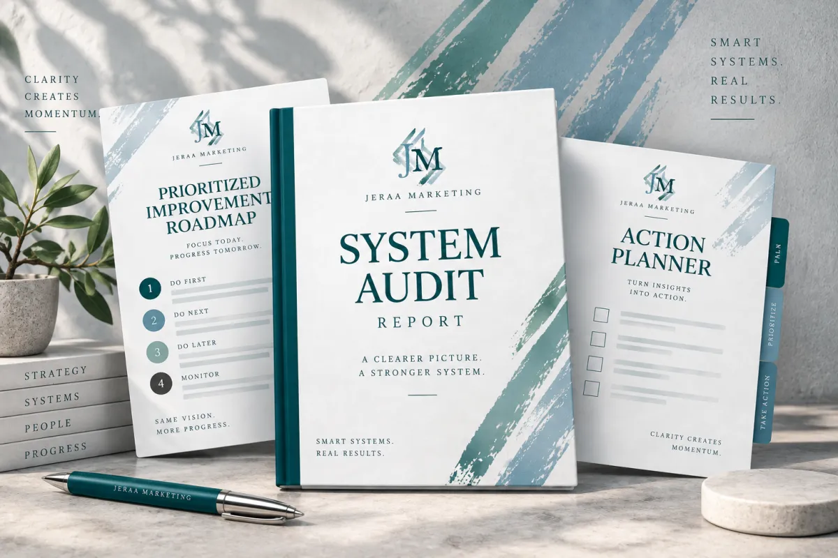 Audit Deliverable Stack showing 3D layered mockup of the System Audit Report, Prioritized Roadmap, and Action Planner