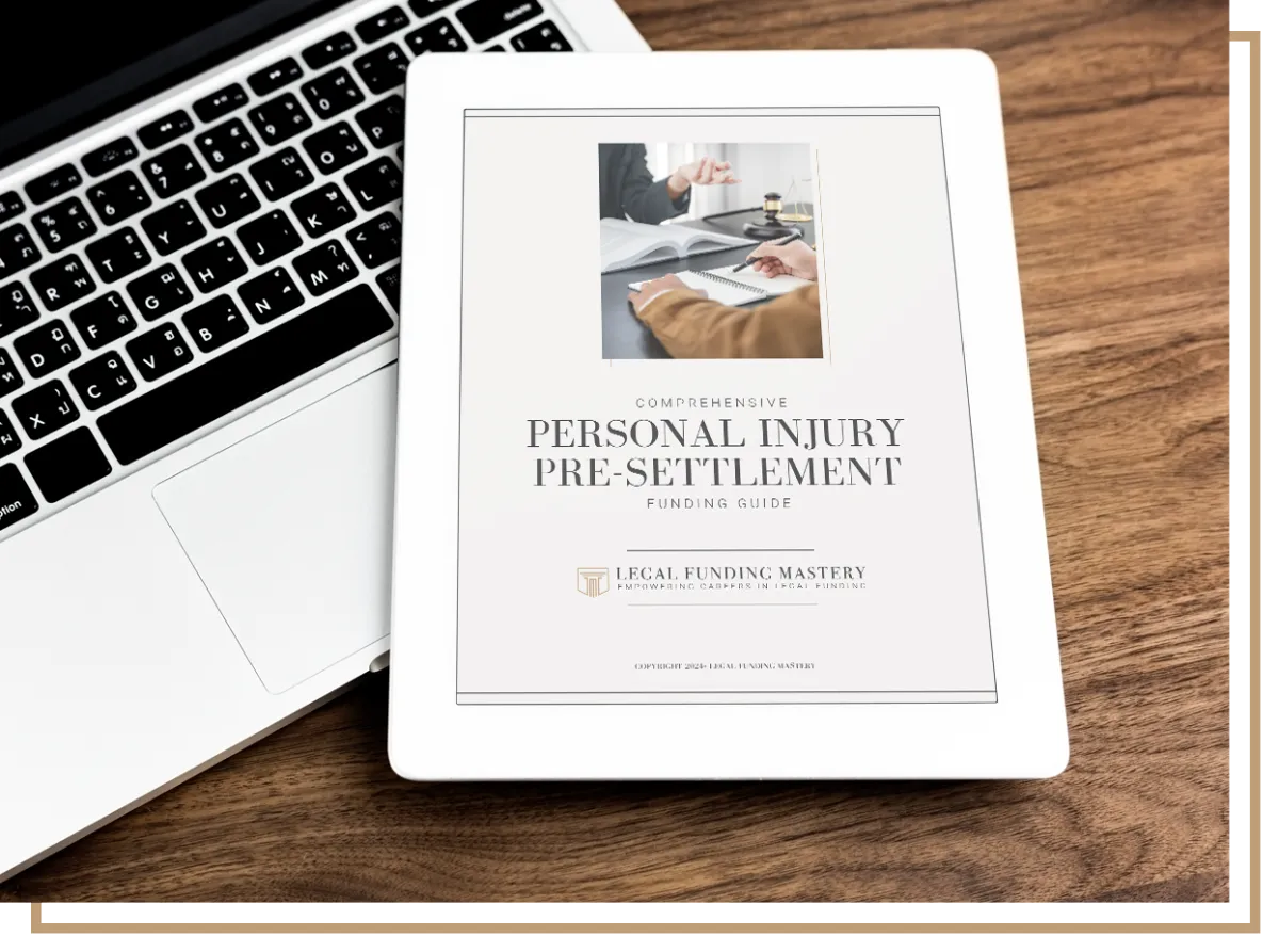 Comprehensive Personal Injury Pre-settlement Funding Guide from Legal Funding Mastery on an iPad with Macbook ro on wooden desk