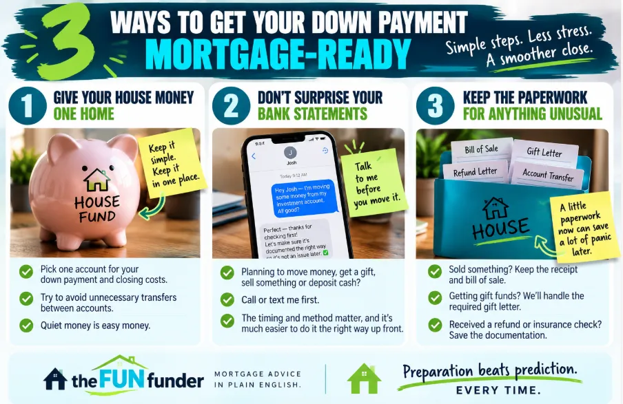 Three ways to get your down payment mortgage-ready by organizing funds, documenting deposits and preparing bank statements for a mortgage