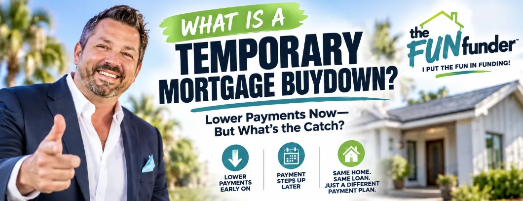 Temporary mortgage buydown explained by the FUN funder, including lower initial payments and future payment increases.