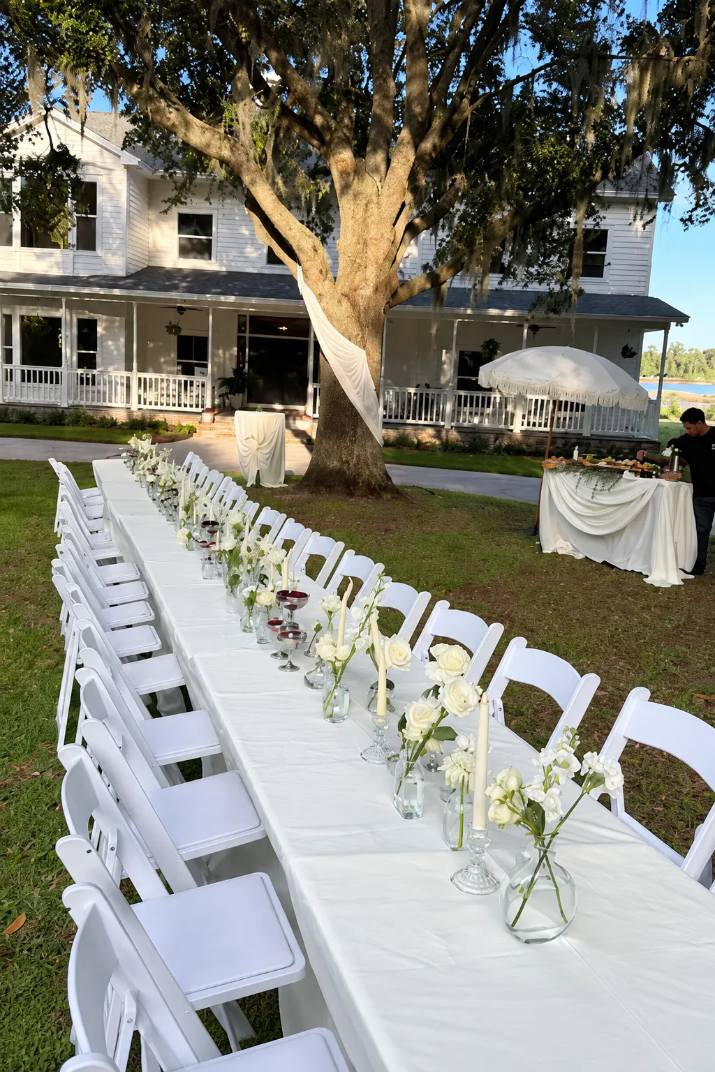 Elegant wedding reception ambiance with guests dining and enjoying live music in warm atmospheric lighting
