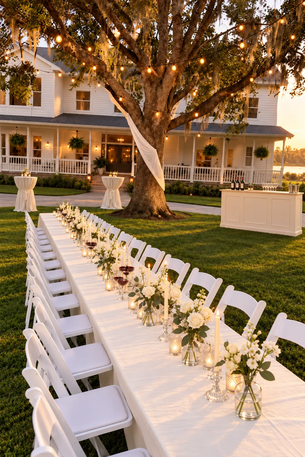 Elegant wedding reception ambiance with guests dining and enjoying live music in warm atmospheric lighting