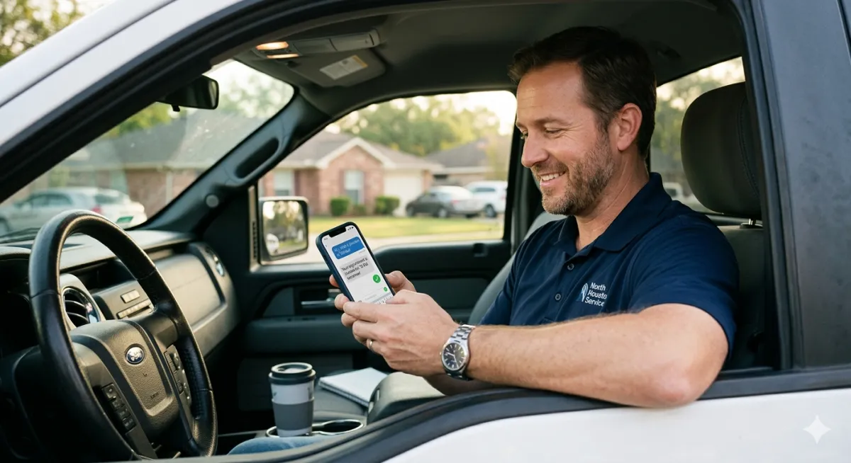 A relaxed North Houston home service contractor sitting in his truck, smiling as an AI agent automatically books an appointment via text message.