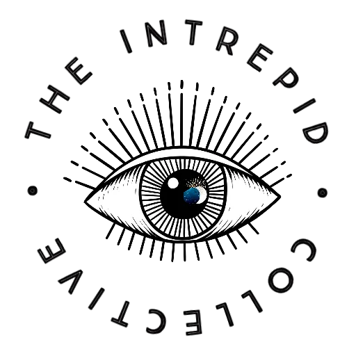 The Intrepid Collective Logo is an eye wth a moonand sun in the pupil, surrounded by the words The Intrepid Collective in a circle around the eye. It is an all-caps sans-serif font.
