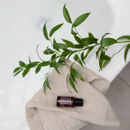 DoTerra's Clary Sage oil  rests on a white towel next to some green branches in a spa setting.
