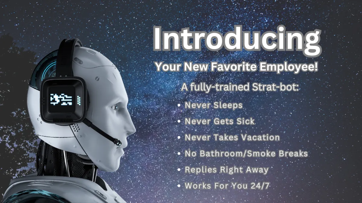 Photo of a robot with a headset on with a captio "Your New Favorite Employee"